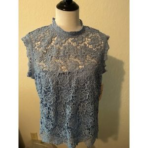 Nanette Lepore SPRING FLING Crochet Lace Highland Blue Tank Blouse Top L NWT